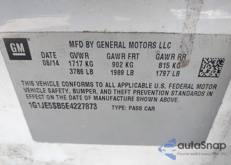 2014 Chevrolet Sonic Ltz Auto z USA, uszkodzony, nr VIN 1G1JE5SB5E4227873